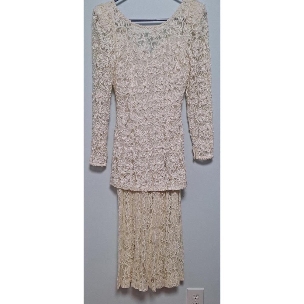Vtg 90's Marie St. Claire Ivory  Soutache Lace Dress MOB Pearl Sz 4